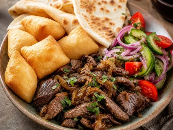Kazakh Baursak Beef Pita Plate, original finished dish food photograph