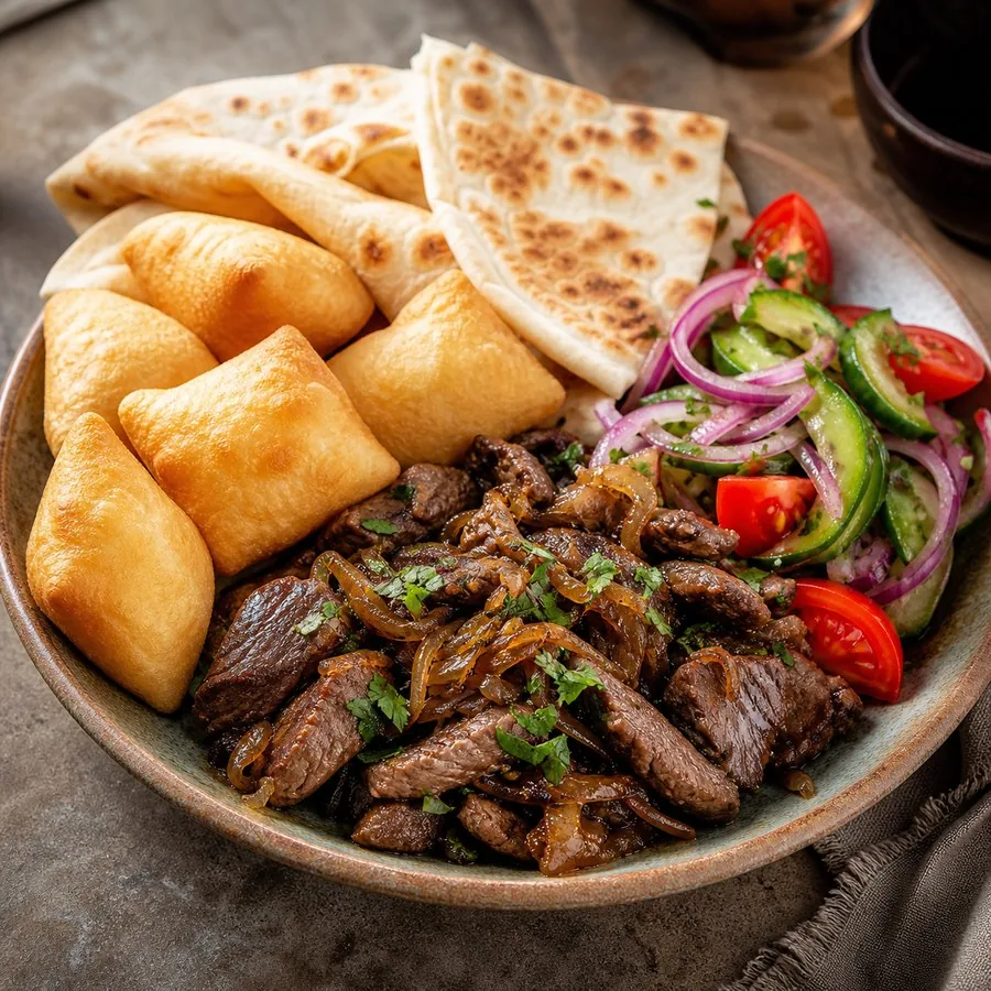 Kazakh Baursak Beef Pita Plate, original finished dish food photograph