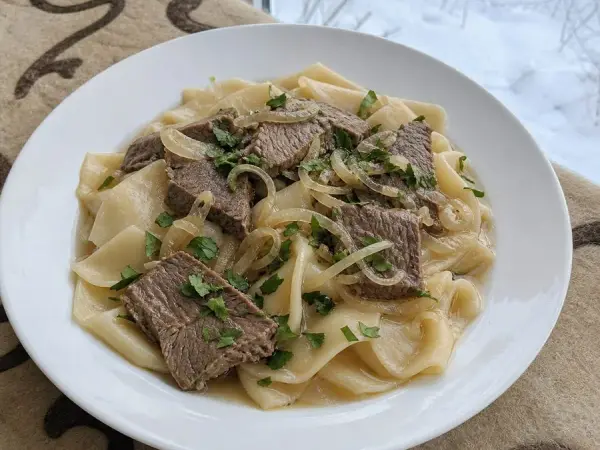 Kazakh Beef and Onion Noodles, finished dish