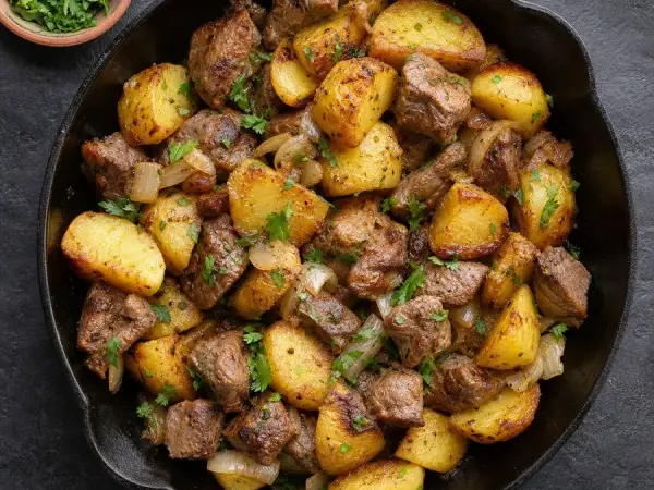 Kazakh Kuurdak Lamb Potato Skillet, original finished dish food photograph