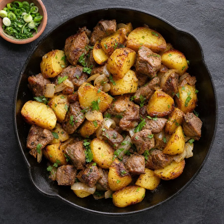 Kazakh Kuurdak Lamb Potato Skillet, original finished dish food photograph