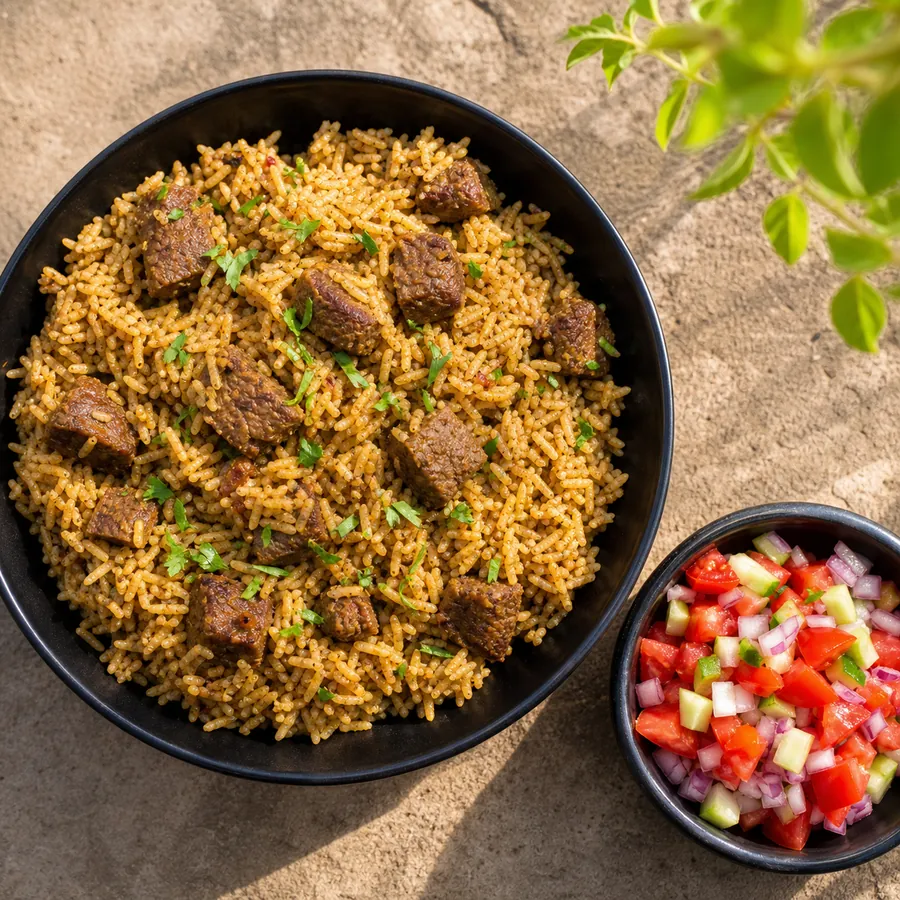 Kenyan Beef Pilau with tomato cucumber kachumbari