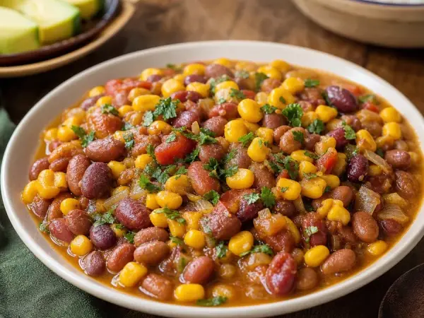 Kenyan Githeri Sweet Corn and Beans, plated as a finished dinner