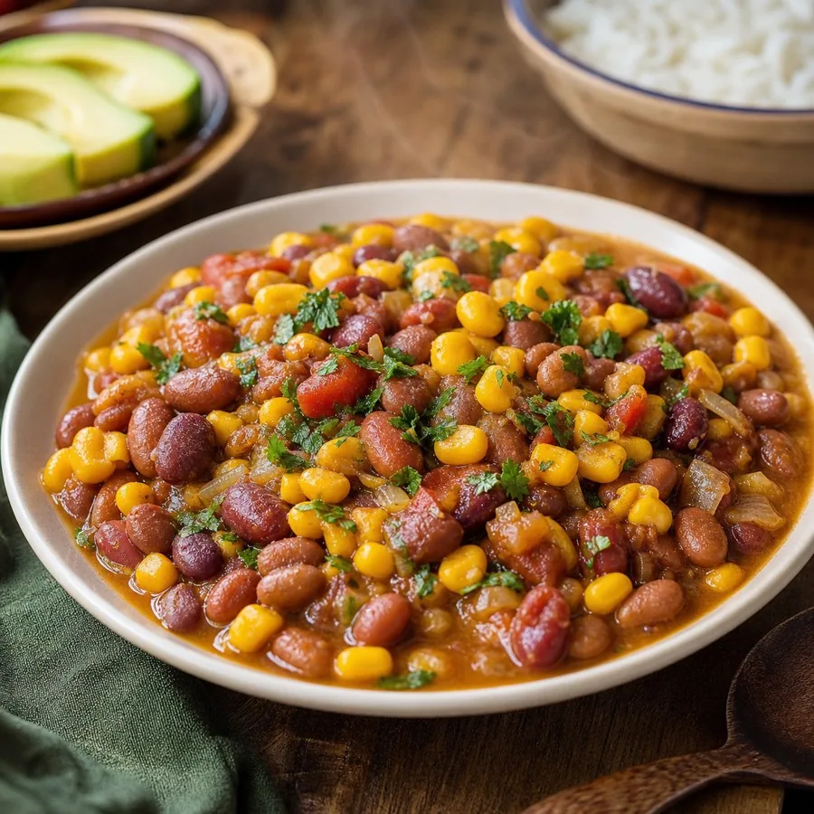 Kenyan Githeri Sweet Corn and Beans, plated as a finished dinner