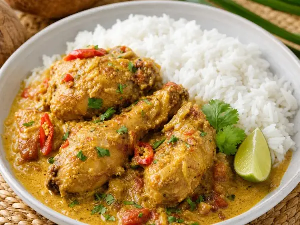 Kenyan Kuku Paka Coconut Chicken, plated as a finished dinner