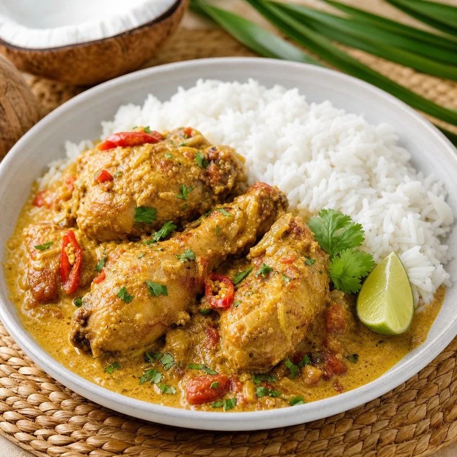 Kenyan Kuku Paka Coconut Chicken, plated as a finished dinner