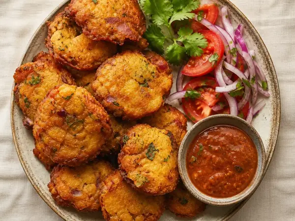 Kenyan Viazi Karai Potato Fritters, plated as a finished dinner