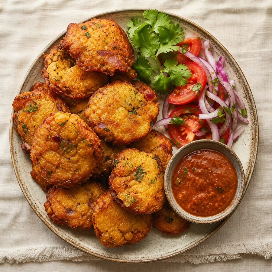 Kenyan Viazi Karai Potato Fritters, plated as a finished dinner