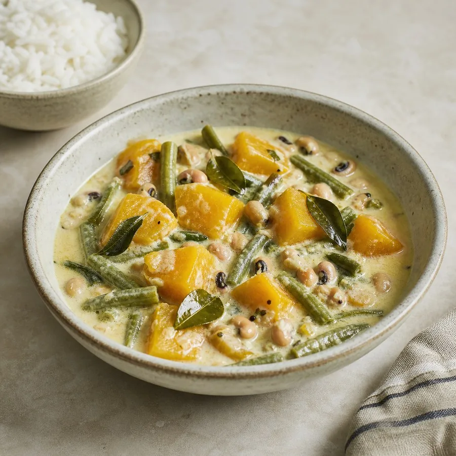 Kerala Olan Coconut Pumpkin Bean Stew, finished dish