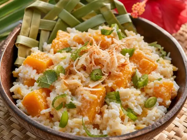 Kiribati Pumpkin Coconut Rice Bowl, plated as a finished dinner