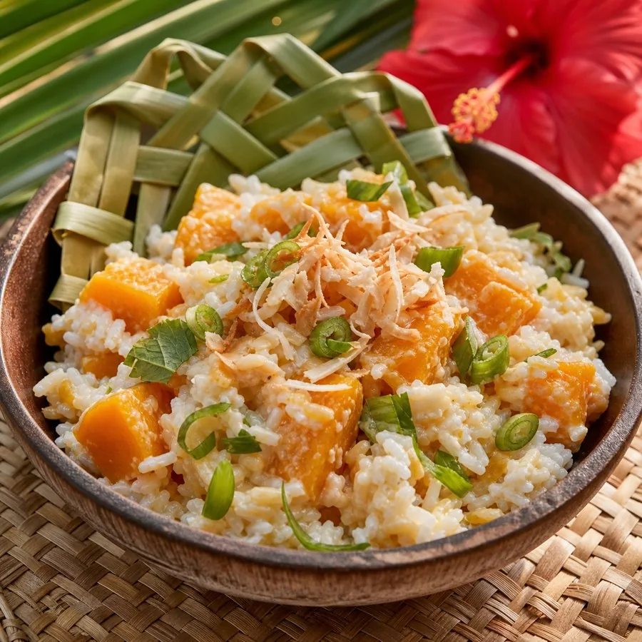 Kiribati Pumpkin Coconut Rice Bowl, plated as a finished dinner