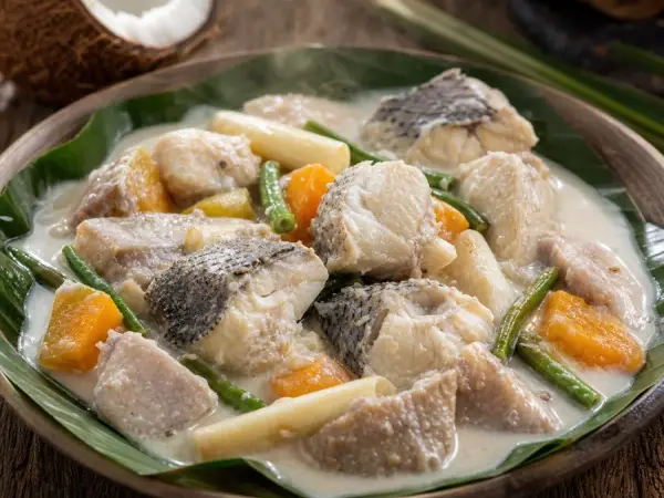 Kiribati Te Bua Toro Coconut Fish Stew, plated as a finished dinner