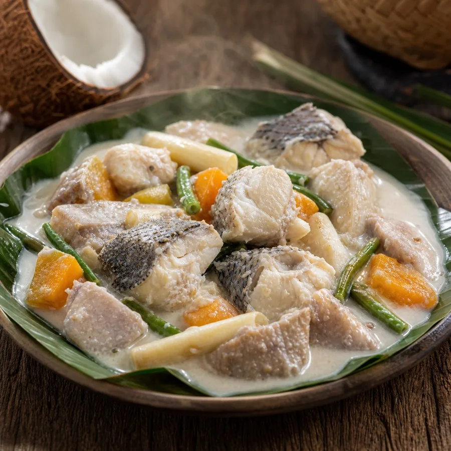 Kiribati Te Bua Toro Coconut Fish Stew, plated as a finished dinner
