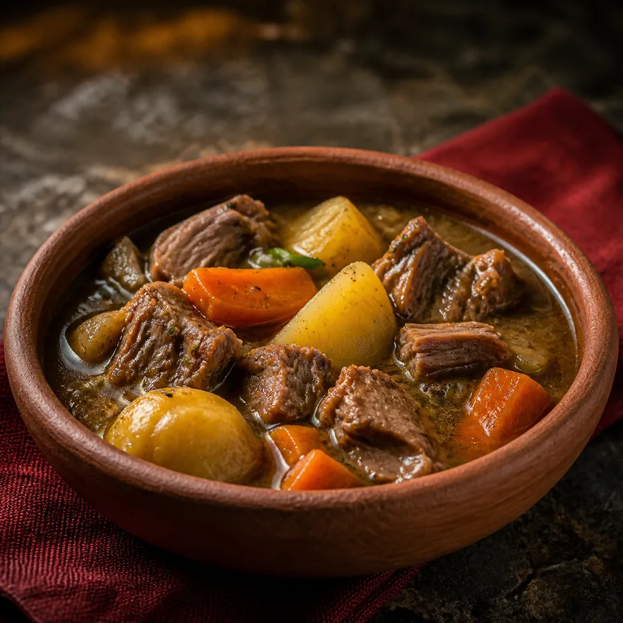 Dark goat stew with potatoes, carrots and small dumplings