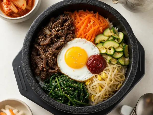 Korean Bibimbap with Beef and Vegetables, finished dish