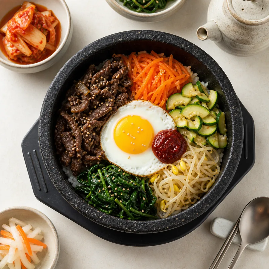 Korean Bibimbap with Beef and Vegetables, finished dish