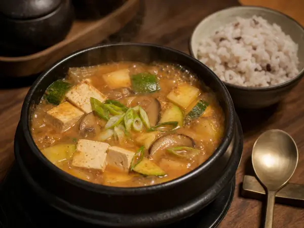 Korean Doenjang Jjigae with Tofu and Zucchini, finished dish