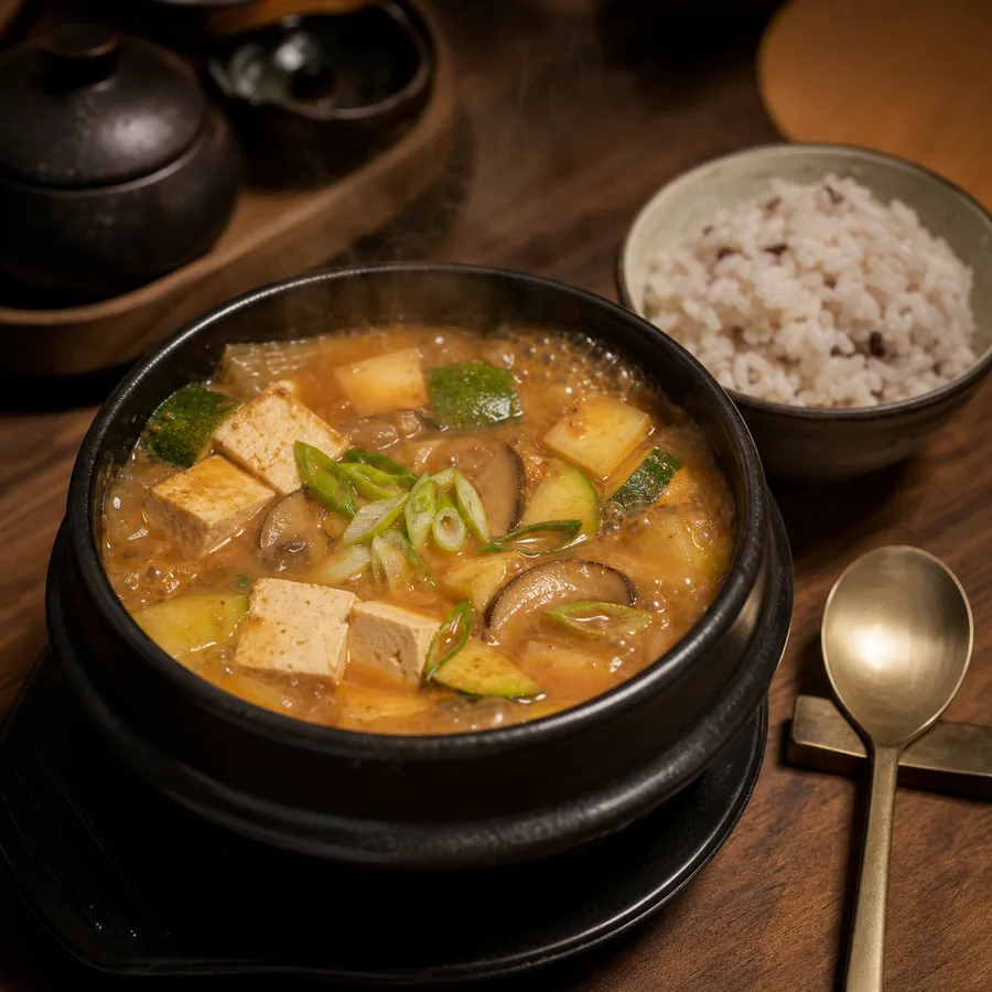 Korean Doenjang Jjigae with Tofu and Zucchini, finished dish