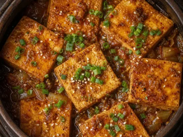 Korean Dubu Jorim Braised Tofu, original finished dish food photograph