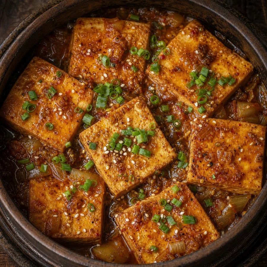 Korean Dubu Jorim Braised Tofu, original finished dish food photograph
