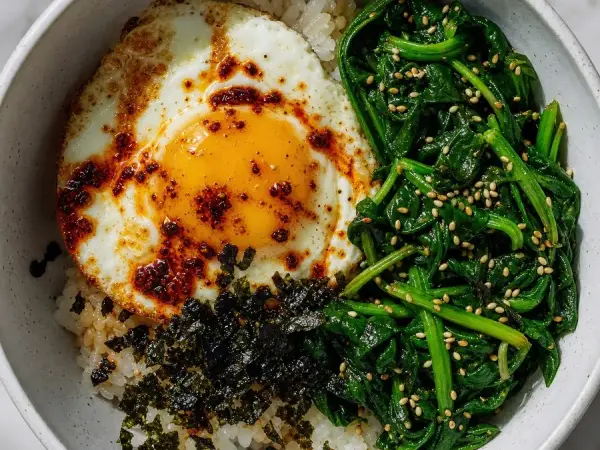 Korean Gyeran Bap with Sesame Spinach, original finished dish food photograph