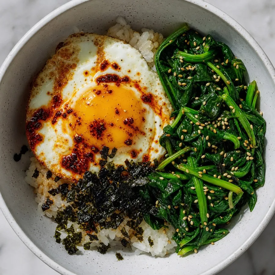 Korean Gyeran Bap with Sesame Spinach, original finished dish food photograph