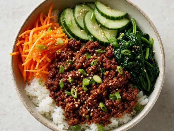 Korean-Inspired Gochujang Beef Rice Bowls, finished dish