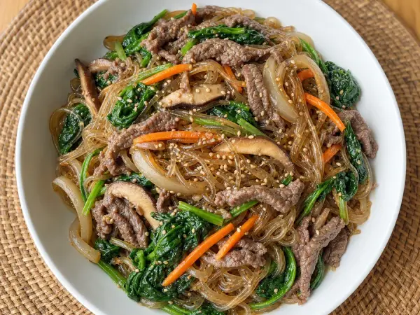 Korean Japchae with Beef and Spinach, finished dish