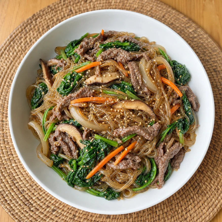 Korean Japchae with Beef and Spinach, finished dish