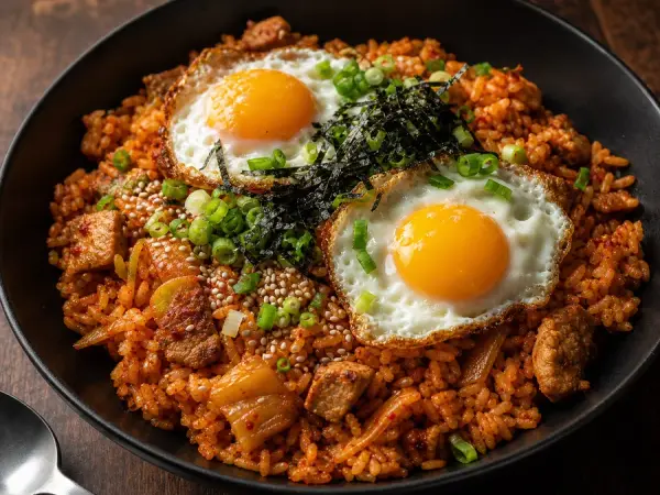 Korean Kimchi Fried Rice with Crispy Egg, finished dish