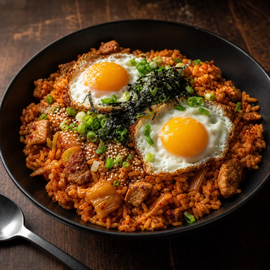 Korean Kimchi Fried Rice with Crispy Egg, finished dish