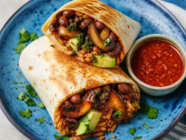 Korean-Mexican Gochujang Mushroom Burrito, finished dish