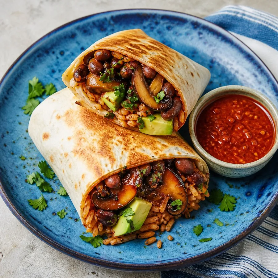 Korean-Mexican Gochujang Mushroom Burrito, finished dish