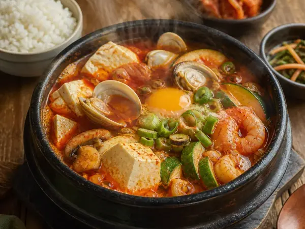 Korean Sundubu Jjigae with Seafood, finished dish