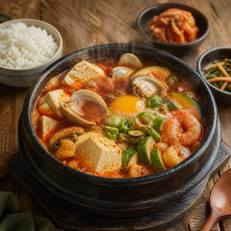 Korean Sundubu Jjigae with Seafood, finished dish