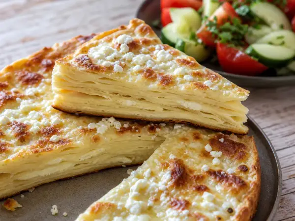 Layered flatbread with cheese and tomato herb salad