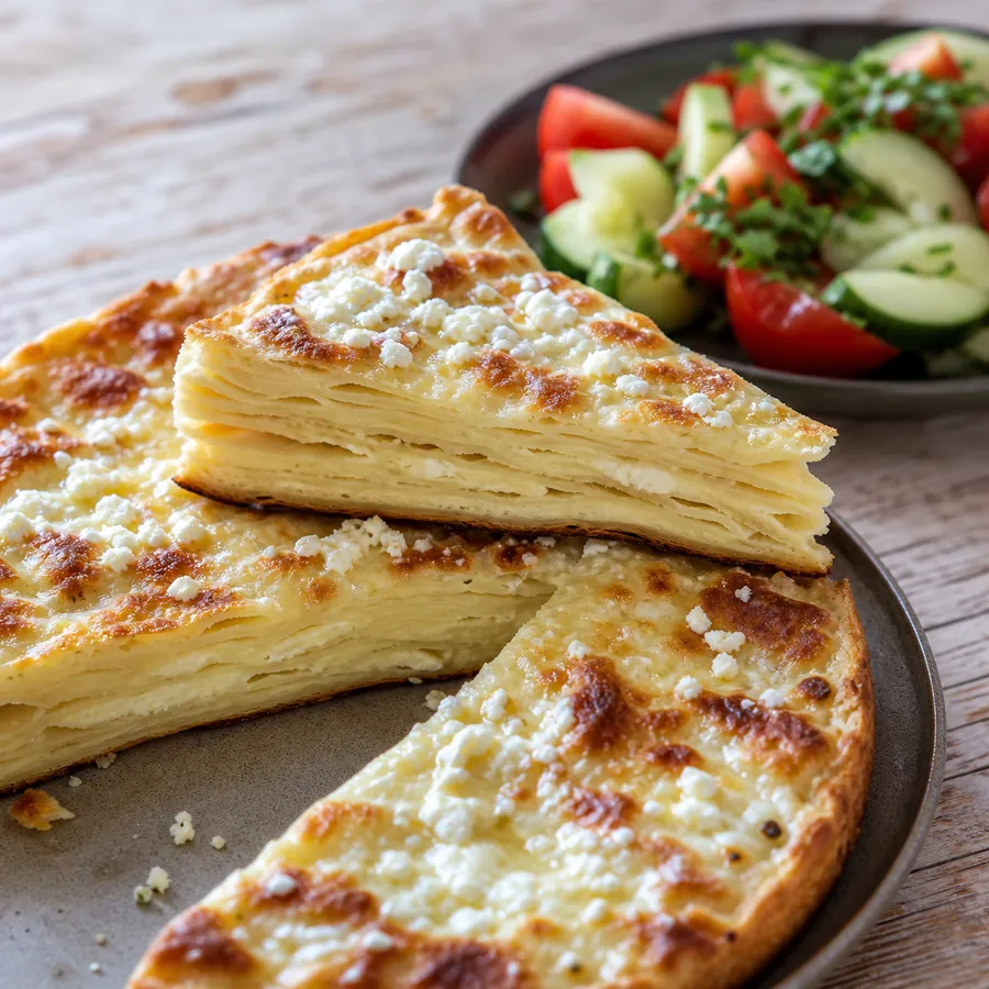 Layered flatbread with cheese and tomato herb salad