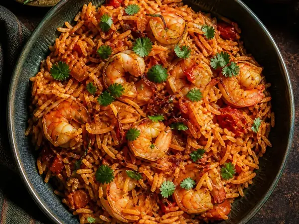 Kuwaiti Murabyan Tomato Shrimp Rice, finished dish