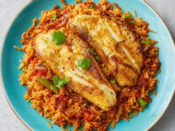 Kuwaiti Mutabbaq Zubaidi Fish Rice with onion and cilantro