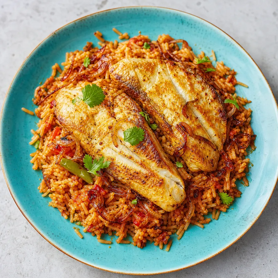 Kuwaiti Mutabbaq Zubaidi Fish Rice with onion and cilantro