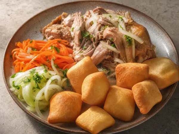 Kyrgyz Borsok Chicken Plate, original finished dish food photograph
