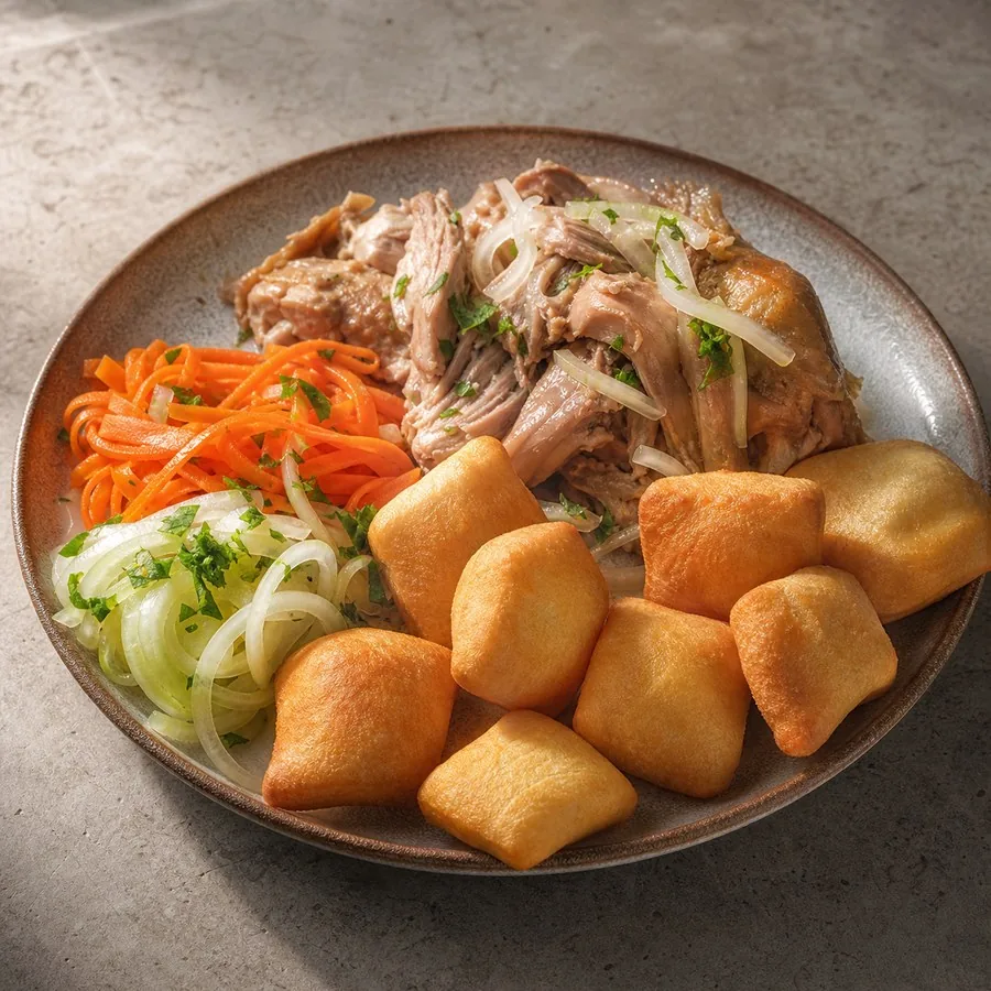 Kyrgyz Borsok Chicken Plate, original finished dish food photograph