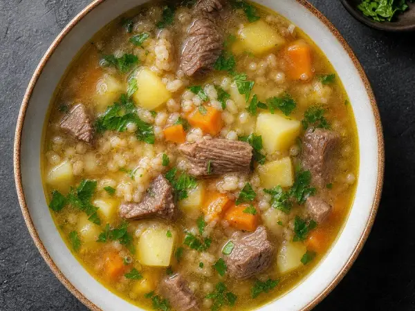 Kyrgyz Jarma Barley Soup, original finished dish food photograph