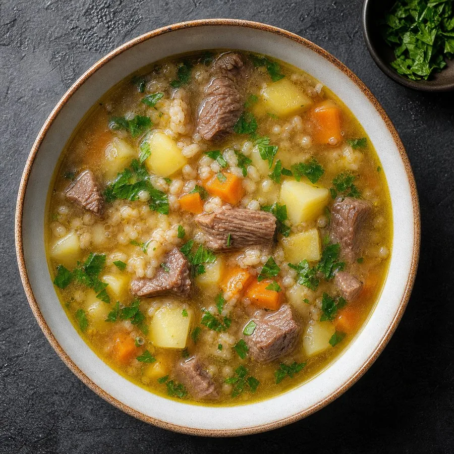 Kyrgyz Jarma Barley Soup, original finished dish food photograph