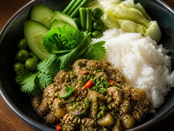 Lao Jeow Bong Eggplant Dip with Rice, original finished dish food photograph