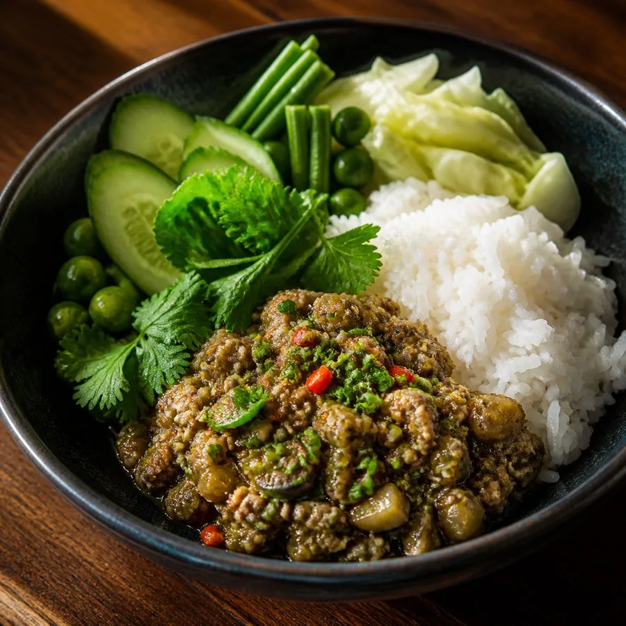 Lao Jeow Bong Eggplant Dip with Rice, original finished dish food photograph