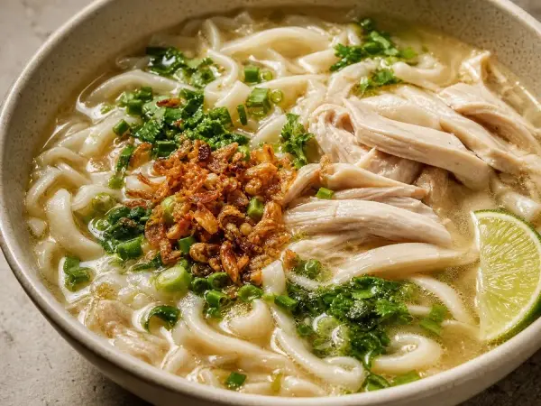 Lao Khao Piak Sen Chicken Noodle Soup, original finished dish food photograph