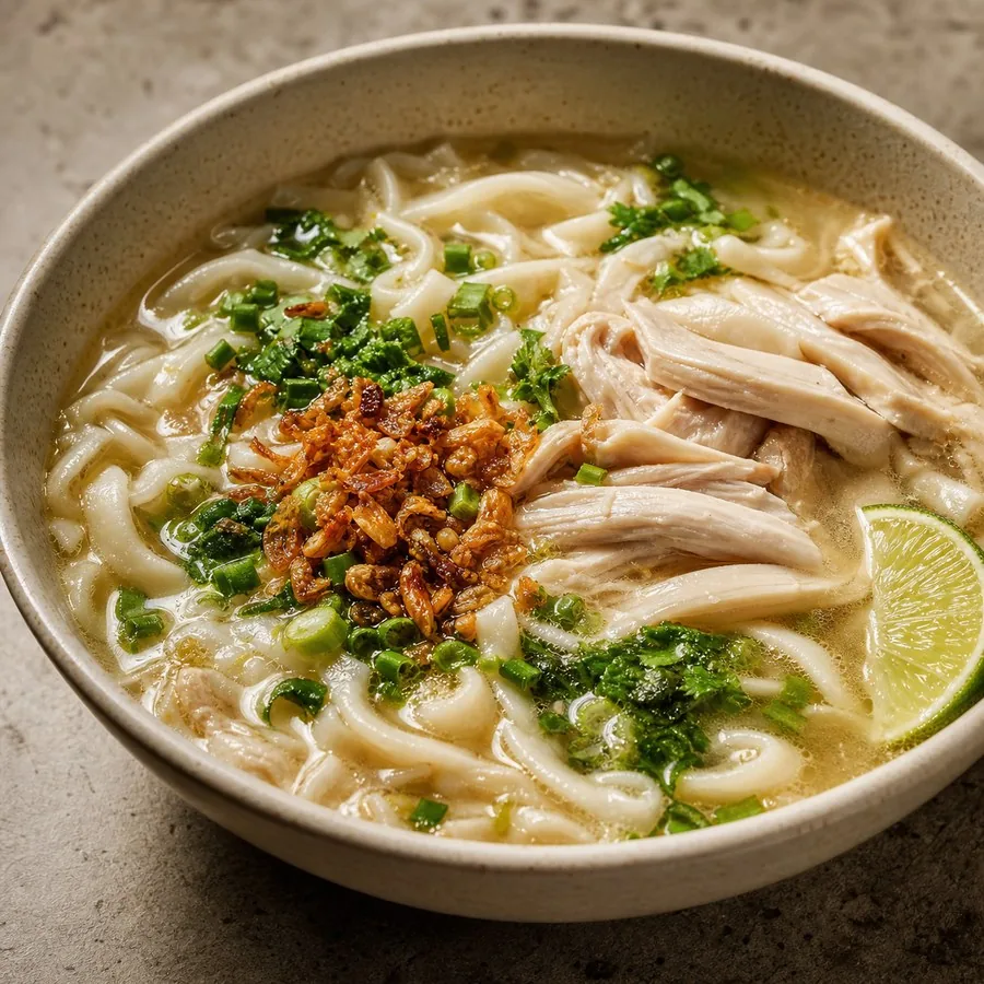 Lao Khao Piak Sen Chicken Noodle Soup, original finished dish food photograph