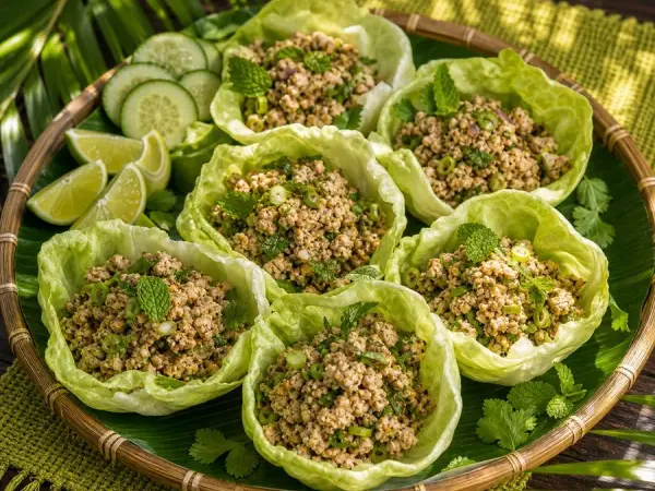 Lao Lemongrass Turkey Larb Lettuce Cups, finished dish