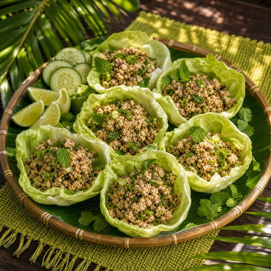 Lao Lemongrass Turkey Larb Lettuce Cups, finished dish